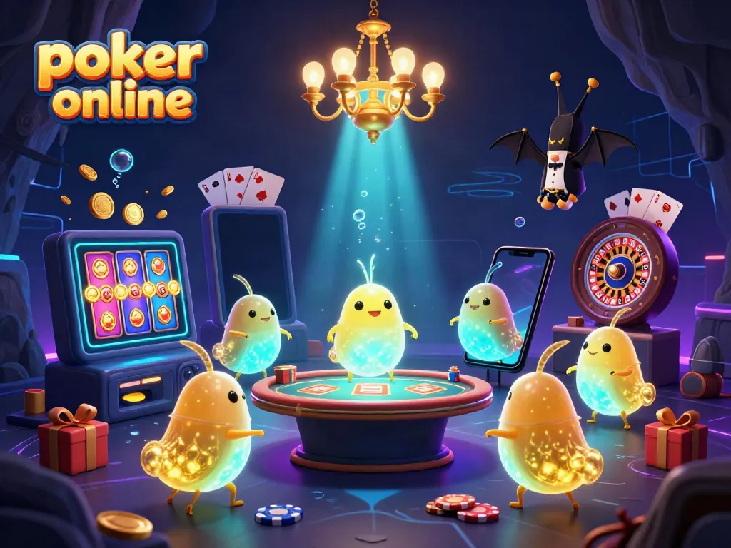 Poker online yang menarik dengan karakter lucu dan elemen permainan di dalam kasino dalam ilustrasi 3D.