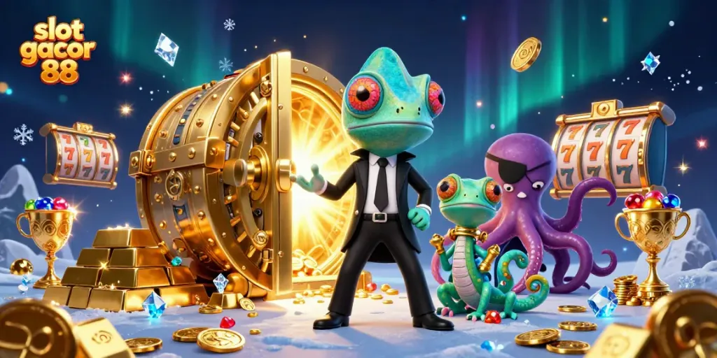 Spin the reels with slot gacor 88 in a vibrant scene featuring a secret agent chameleon, tech-gecko, and villainous octopus.