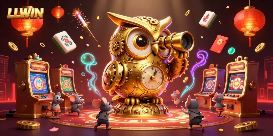 Experience LLWIN's vibrant casino floor with a magical golden owl overlooking dynamic gaming action.