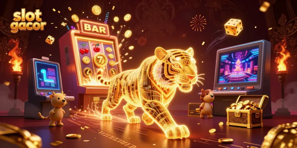 Experience the thrill of slot gacor with a vibrant 3D scene featuring colorful jackpots and engaging characters.