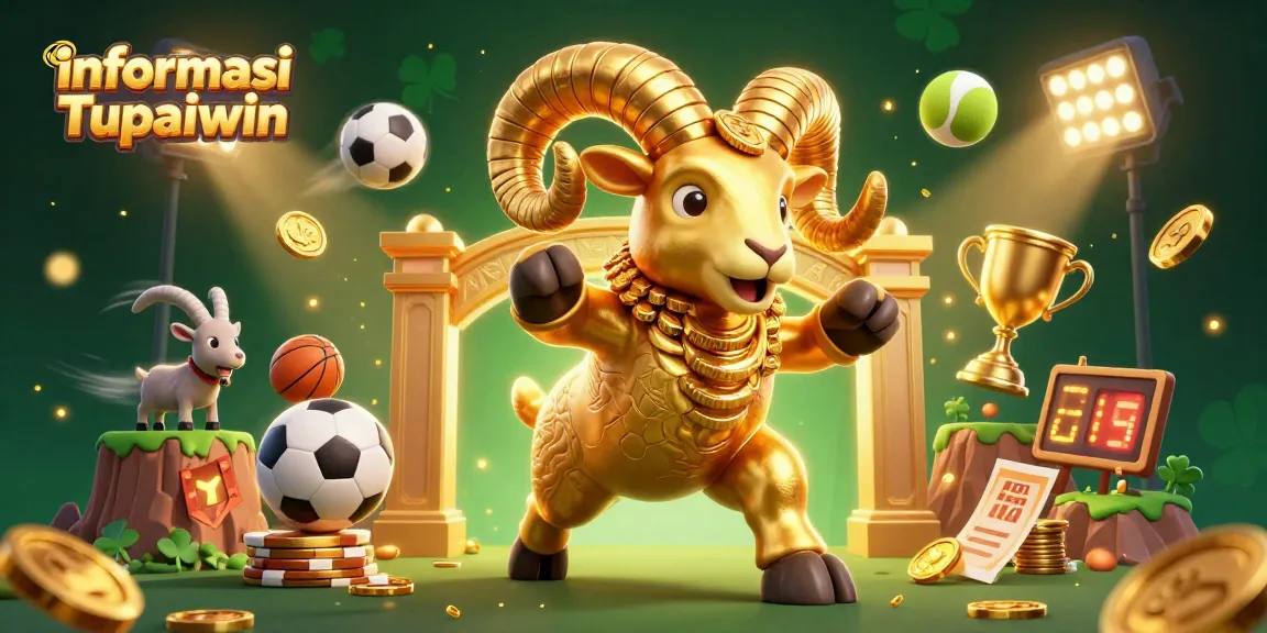 Menampilkan ilustrasi 3D informasi Tupaiwin yang dinamis dengan simbol perjudian dan karakter kartun untuk promosi.