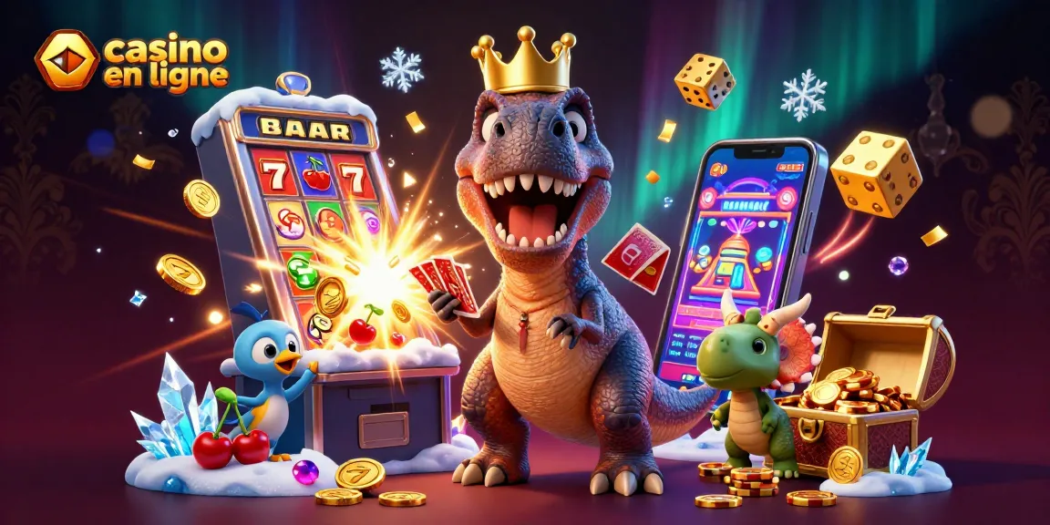 Animations de personnages amusants dans un casino en ligne montrant le T-Rex, un ptérodactyle et un tricératops avec des jetons et des symboles de jouets.