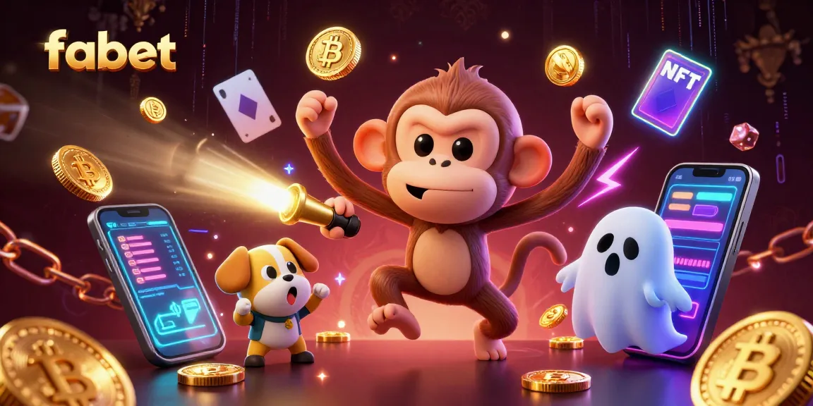 Engage in thrilling gaming action at fabet, as a playful poltergeist monkey juggles golden objects amidst vibrant cryptocurrency elements.
