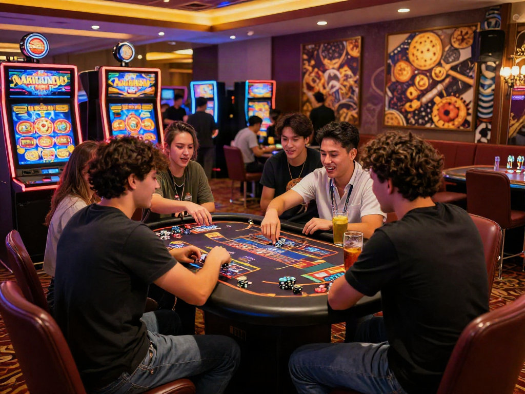 Friends enjoying Slot MAHJONGJP88 gaming experience in a lively casino atmosphere.