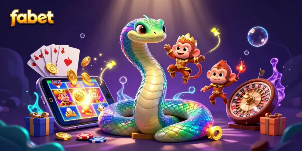 Engage with fabet's vibrant 3D casino world featuring a rainbow serpent and golden monkey king.
