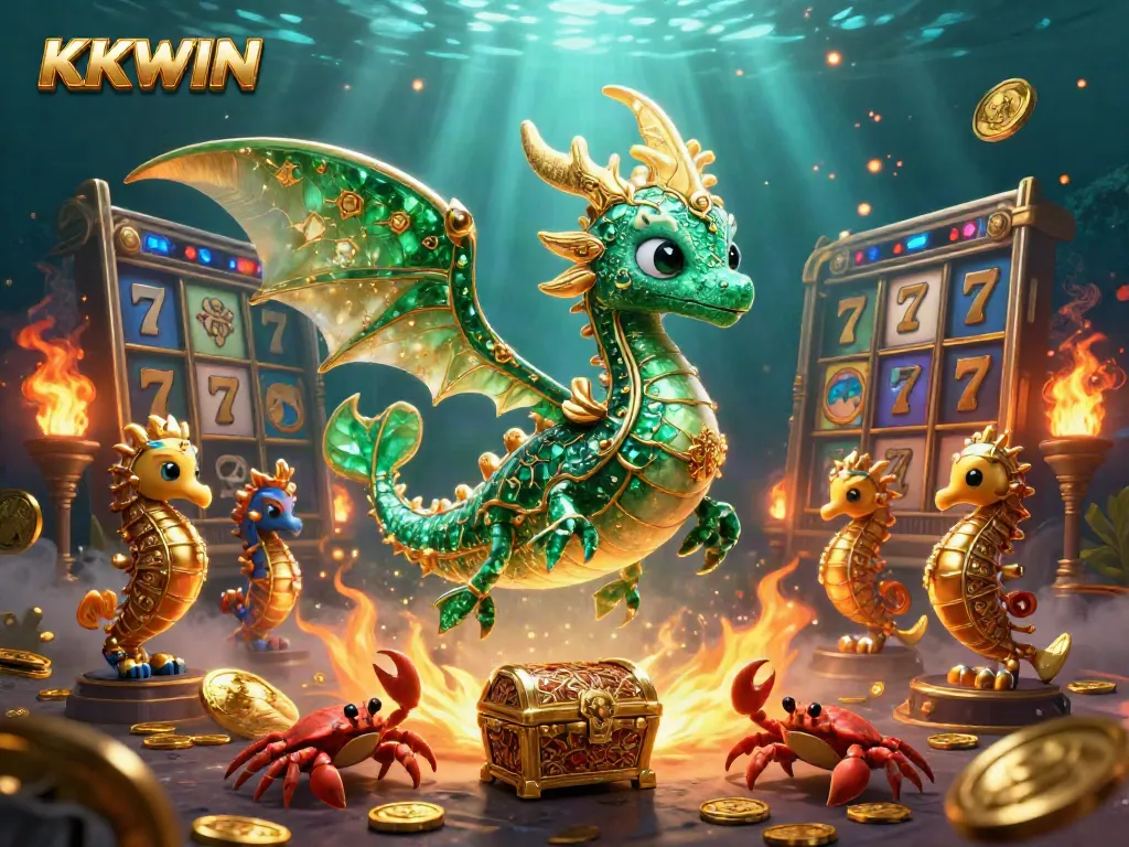 Spin the reels of KKWIN with a vibrant treasure scene featuring sea dragon and gold coins.