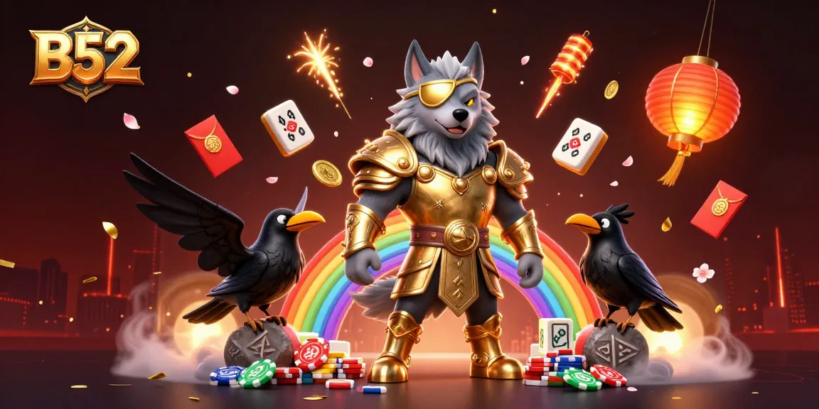 Experience the thrilling B52 casino with Odin and ravens on a rainbow chip bridge.