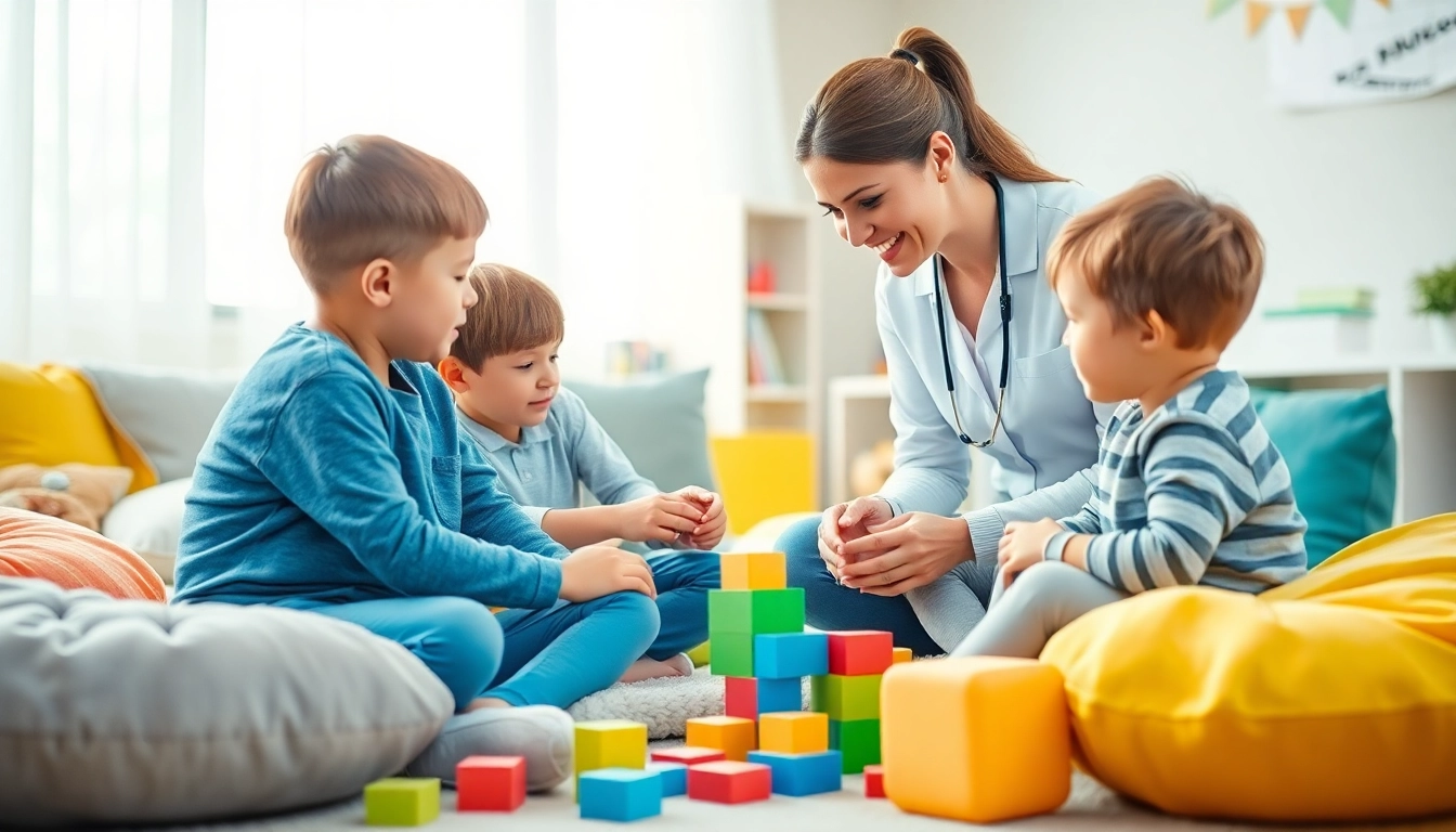 Children participate in Autism Therapy with a caring therapist in a bright, colorful playroom.