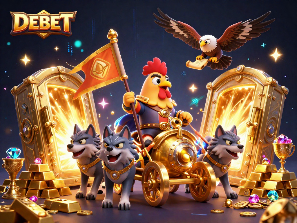 Experience exciting wins at DEBET with a vibrant 3D illustration of a warlord leading a gaming adventure