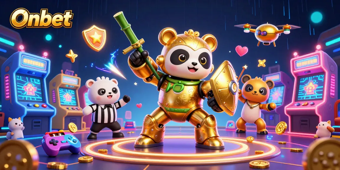 Engage in thrilling gameplay at Onbet, featuring a panda controlling a robot in a dynamic casino scene.