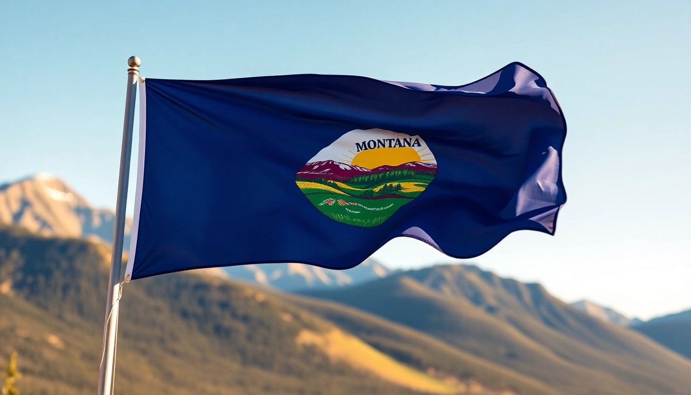 Showcasing the montana american flag fluttering against a mountain backdrop.
