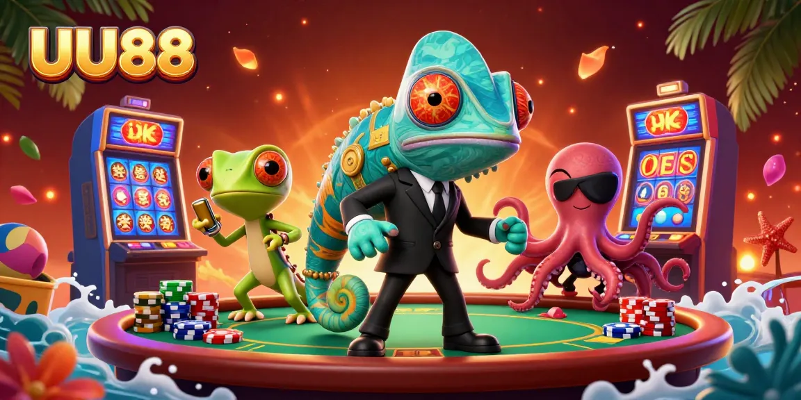 Experience the thrill of UU88 with dynamic casino elements featuring a chameleon, gecko, and octopus in a vibrant setting.