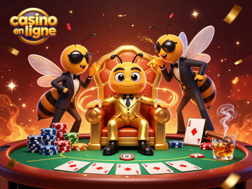 Jouez au casino en ligne avec ce personnage de mob boss et ses gardes, entourés de cartes et de jetons.