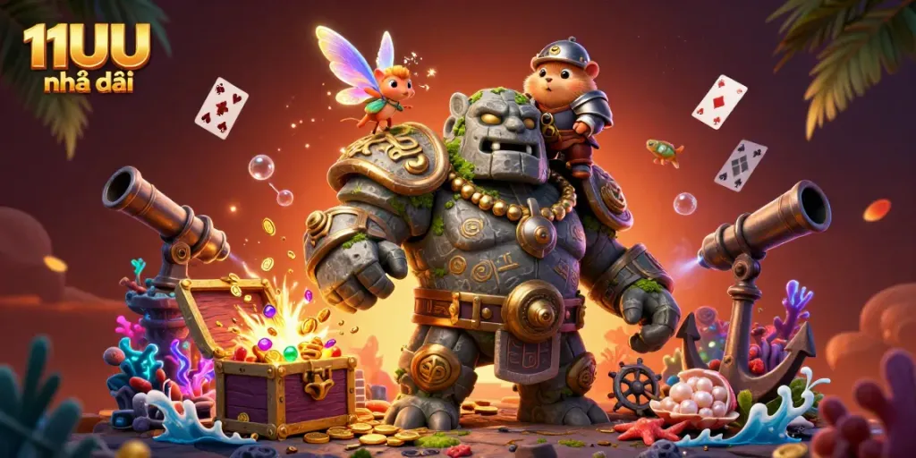 Experience the excitement of 11UU nhà cái with ancient creatures, magical elements, and vibrant gambling treasures in this dynamic scene.