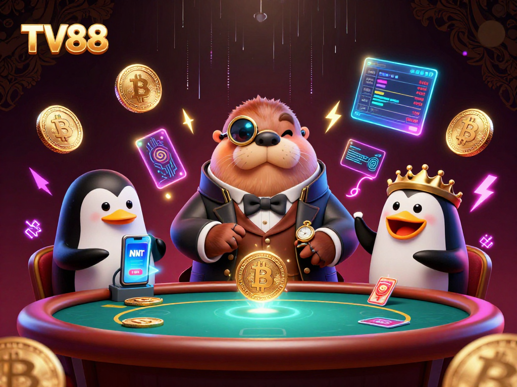 Join the fun at TV88 with a jolly walrus dealer and vibrant crypto visuals in a lively underwater casino scene.
