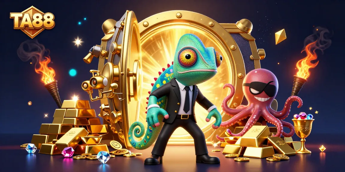 TA88's colorful chameleon agent and companions uncover treasures in a vibrant casino scene.