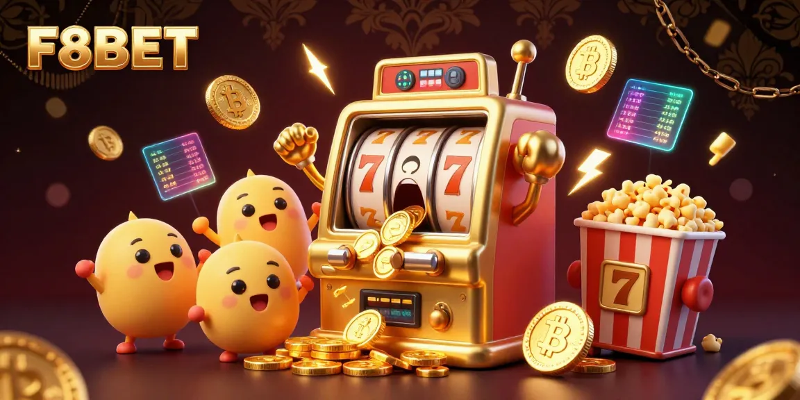 F8BET slot machine surprises with a jackpot, surrounded by cheering machines and crypto coins.