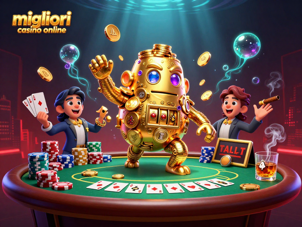 Scopri i migliori casino online con un golem d'oro che danza tra poker e slot machine.
