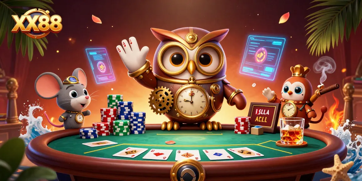 Experience the thrill of winning at XX88 with a vibrant casino scene featuring a time-traveler owl and poker elements.