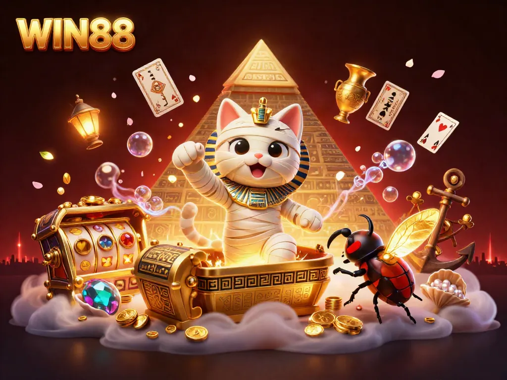 Experience thrilling gameplay with WIN88 at a vibrant pyramid casino featuring dynamic characters and slots.