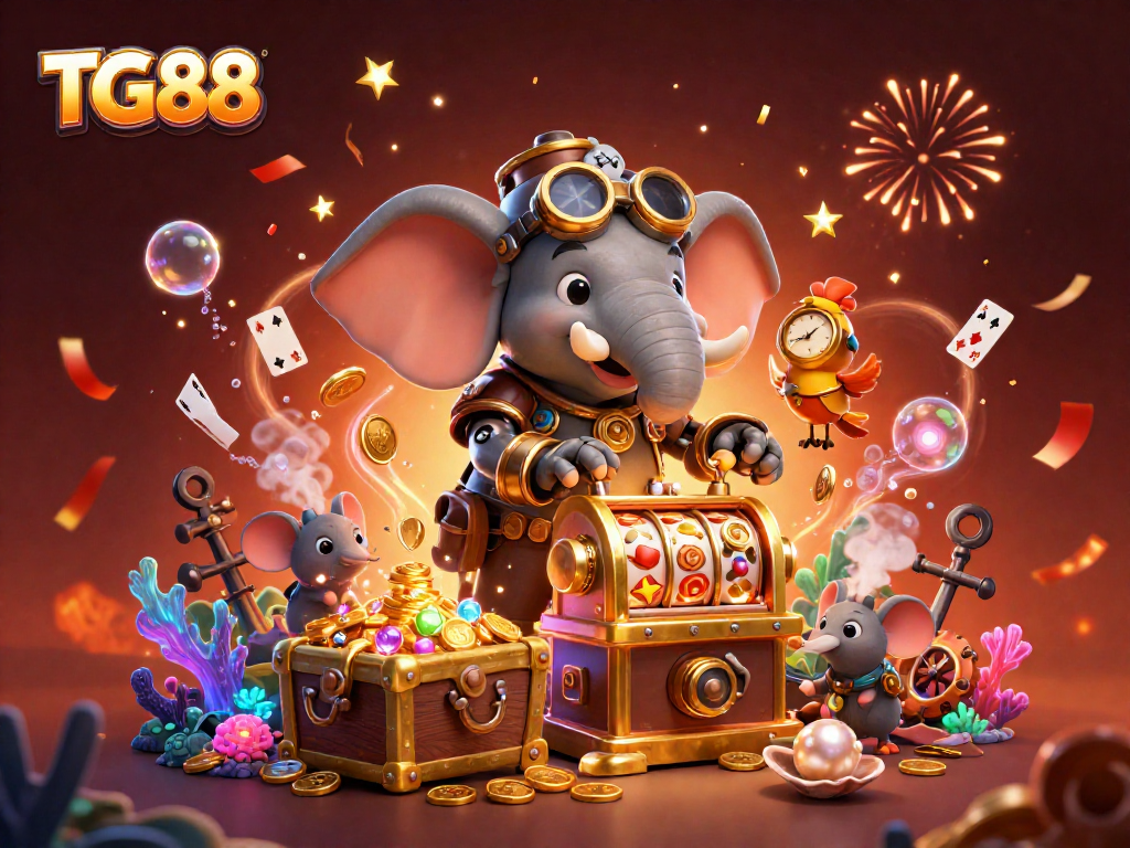 Experience the thrill at TG88 with a steampunk elephant operating a golden slot machine surrounded by vibrant casino elements.