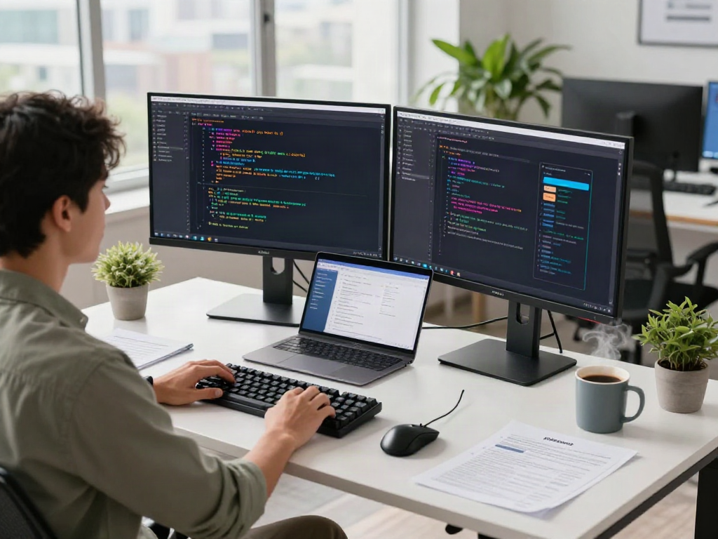 Developer coding the pikashow apk in a modern tech workspace.