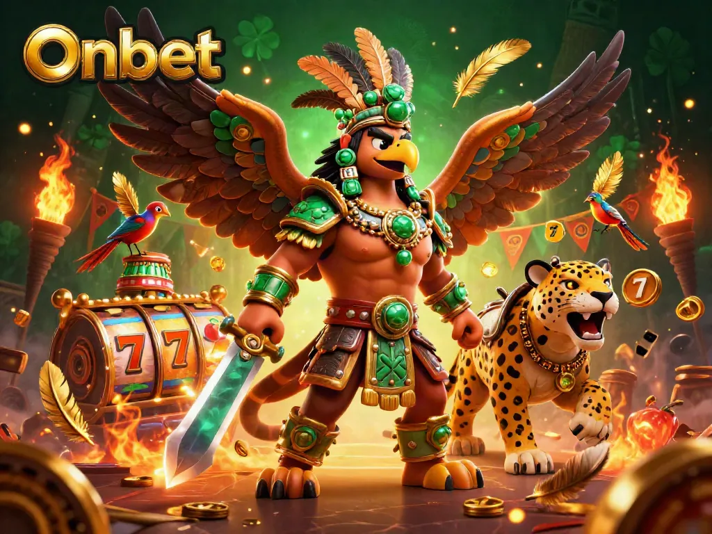 Onbet captures the excitement of online gaming with Aztec warriors and vibrant slot reels.