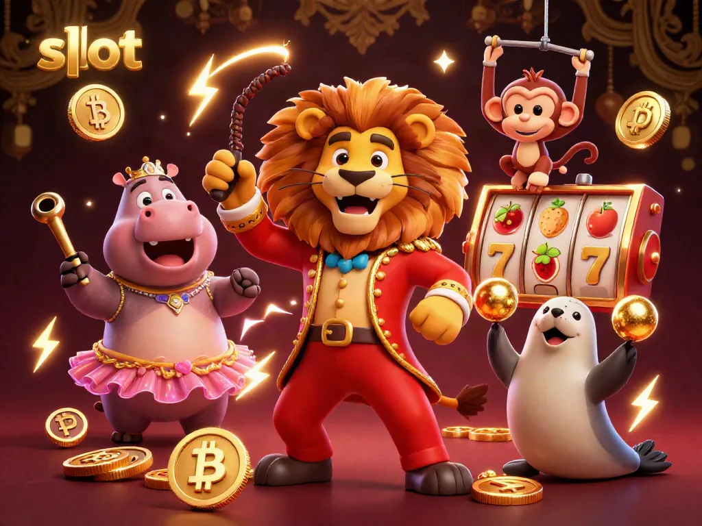 Engage with thrilling slot machines in a vibrant 3D circus scene featuring cartoon characters and neon elements.