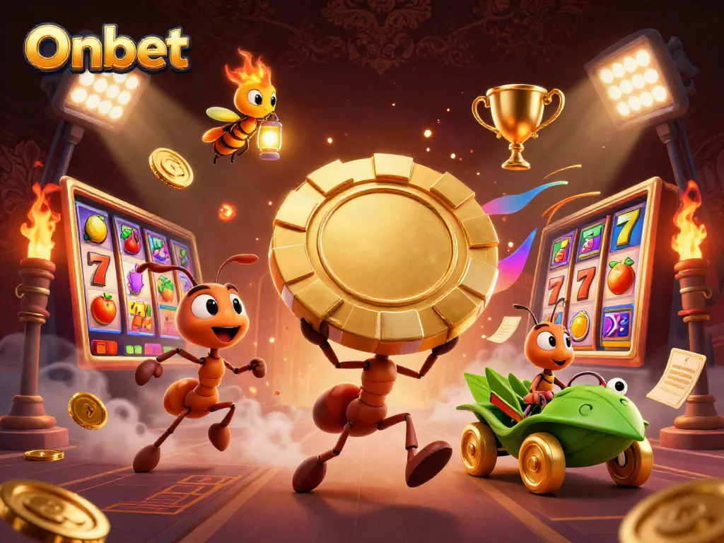 Onbet showcases a thrilling 3D casino heist scene with ants, slot reels, and vibrant game elements.