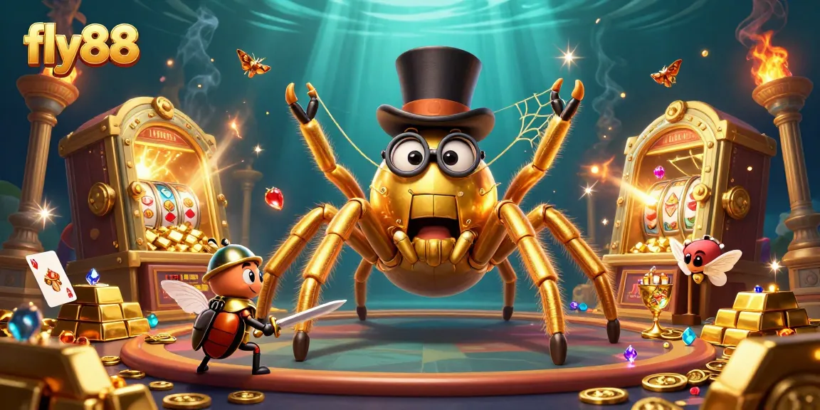 Fly88 players engage in thrilling casino action with a golden tarantula, beetle knight, and treasures.