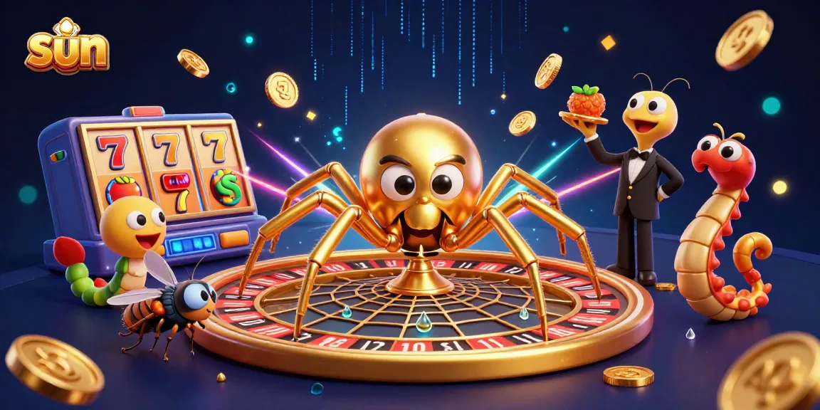Spin the sun-themed roulette wheel with golden web, vibrant slot symbols, and lively casino elements.