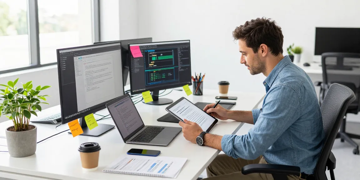使用 WPS Office 下载的高效工作场景，展示现代化办公桌与多设备协作。