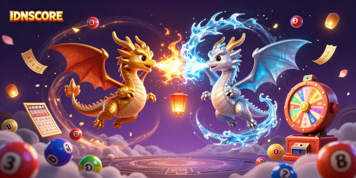 Experience thrilling gameplay with IDNSCORE's vibrant 3D illustration of dragons, lottery motifs, and casino elements.