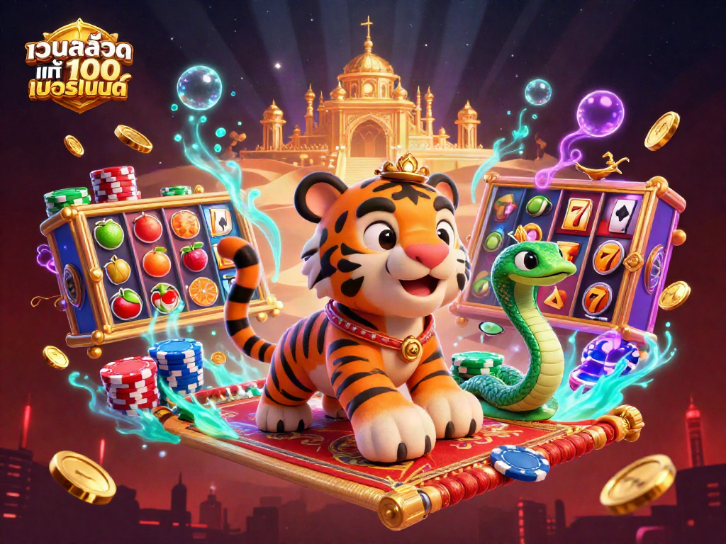 Engage with เว็บสล็อต แท้ 100 เปอร์เซ็นต์ featuring a vibrant Arabian-themed scene filled with dynamic slot elements and a charming tiger sultan.