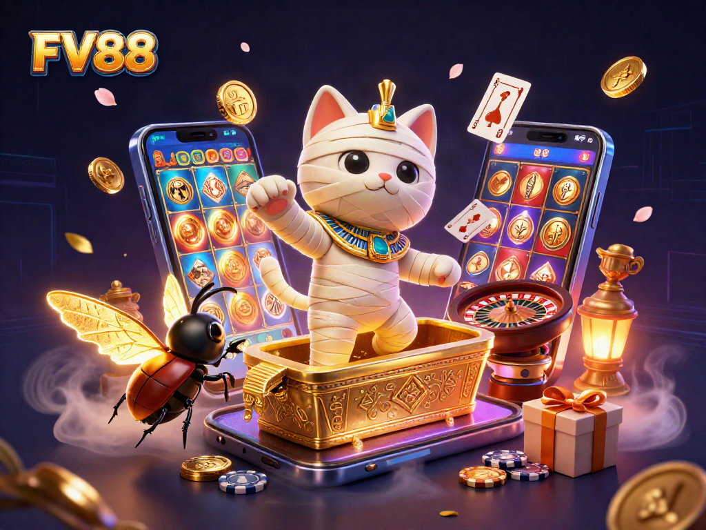 Spin your luck with FV88 as an Egyptian mummy cat bursts into action in a vibrant casino scene.