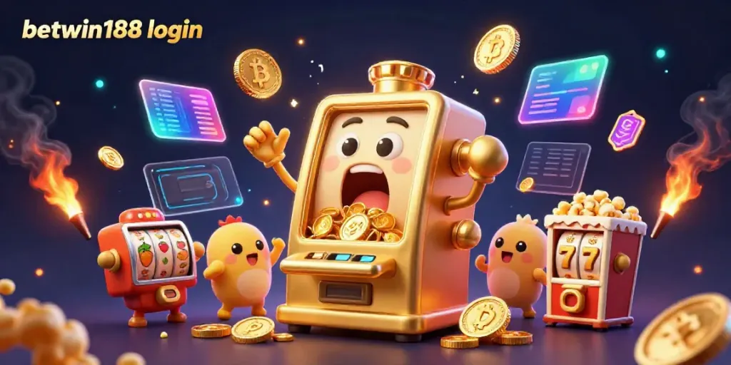 Permainan jackpot di betwin188 login dengan mesin slot kartun dan koin emas bersinar.