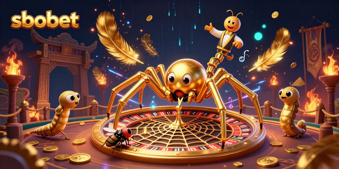 Experience sbobet betting excitement as a golden spider spins a roulette wheel web in a vibrant scene.