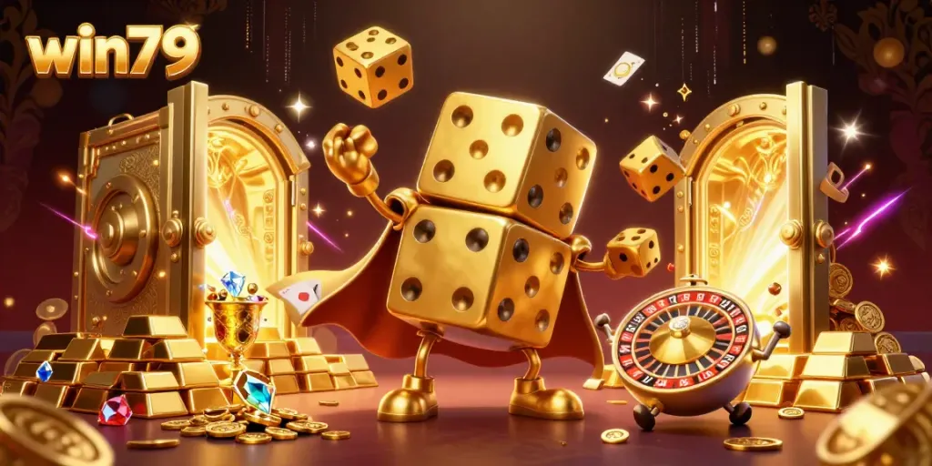 Win79 golden dice golem juggling dice, immersed in a treasure-filled fantasy casino scene.