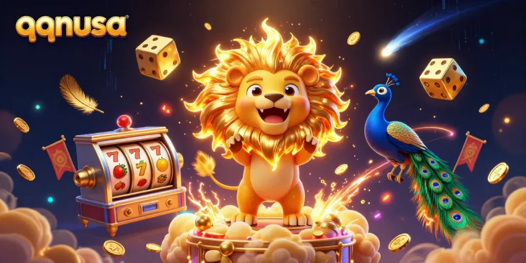 Experience the thrill of qqnusa with a roaring sun lion, golden dice, and slot reels in an exciting casino scene.