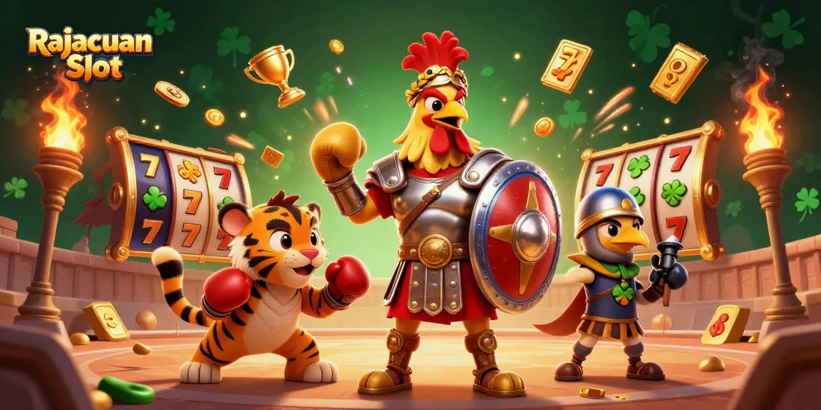 Mainkan Rajacuan Slot dan rasakan sensasi jackpot dengan ilustrasi mendebarkan yang menampilkan gladiator kartun beruang dan simbol slot.