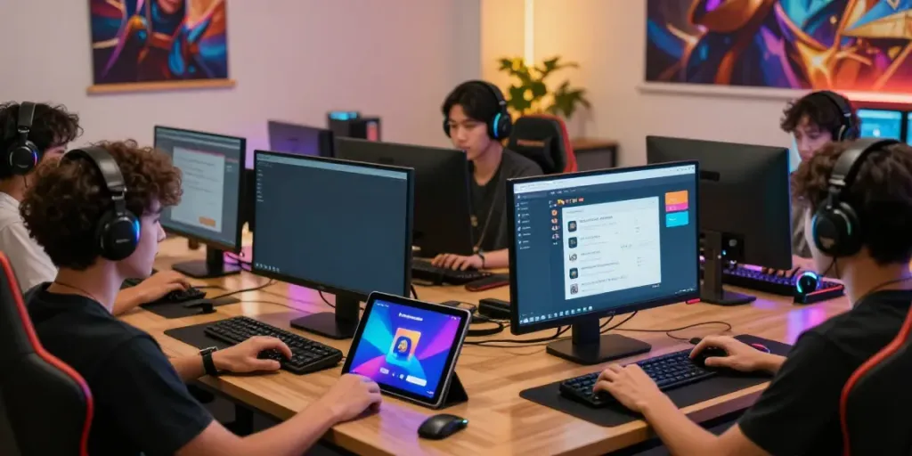 Players logging into DewaTogel in a vibrant online gaming environment, showcasing modern gaming equipment and community engagement.