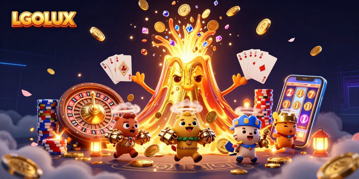 Experience thrilling wins at LGOLUX with a vibrant illustration of slots and casino treasures.