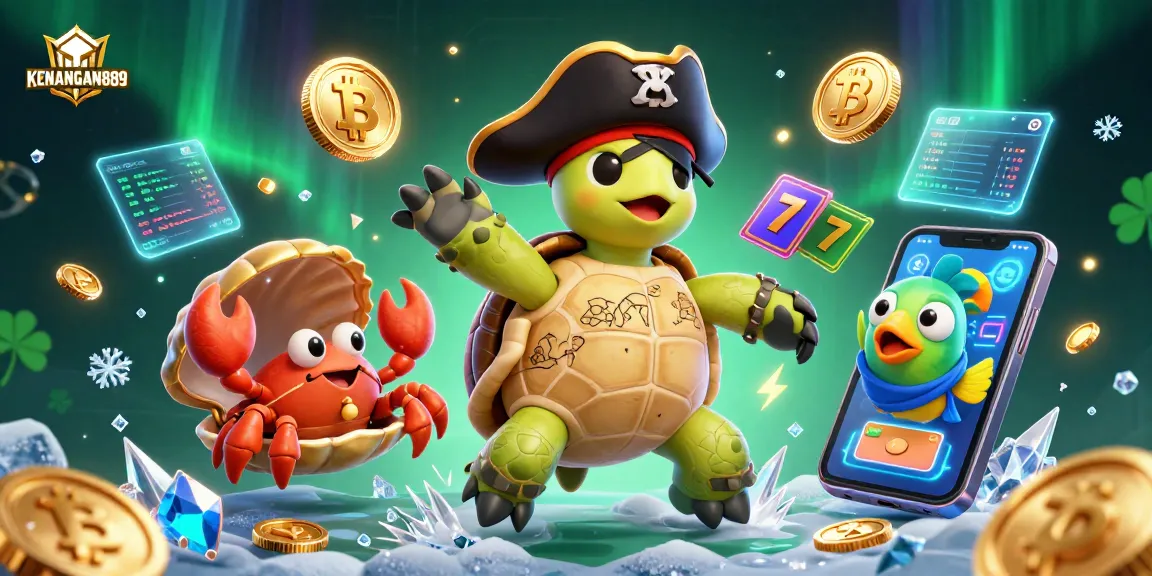 Spin the reels at KENANGAN889 with pirate characters celebrating above glowing digital treasures.