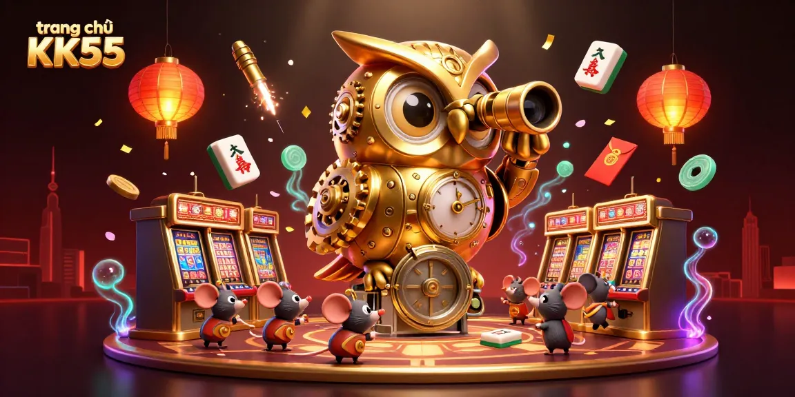 Experience the vibrant atmosphere of trang chủ KK55 with a golden owl and gaming delights.