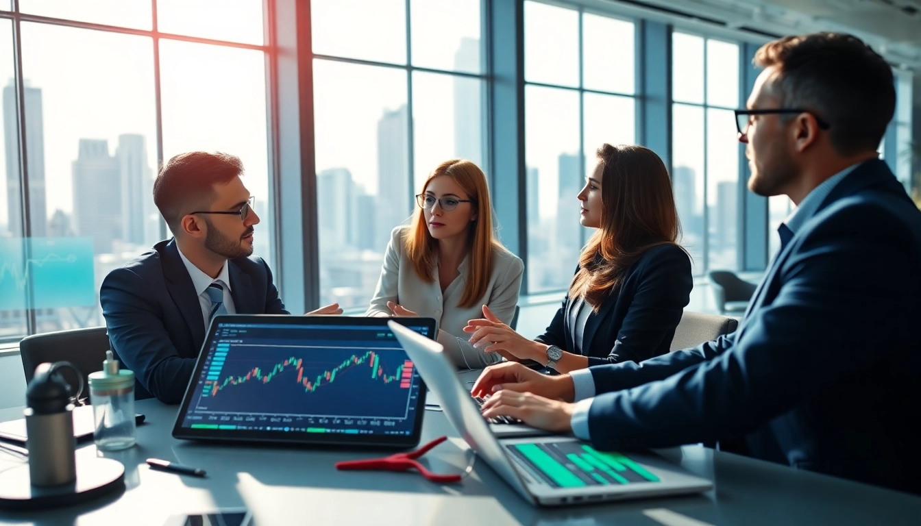 Investors analyzing AI Investing strategies with advanced technology in a bright office setting.