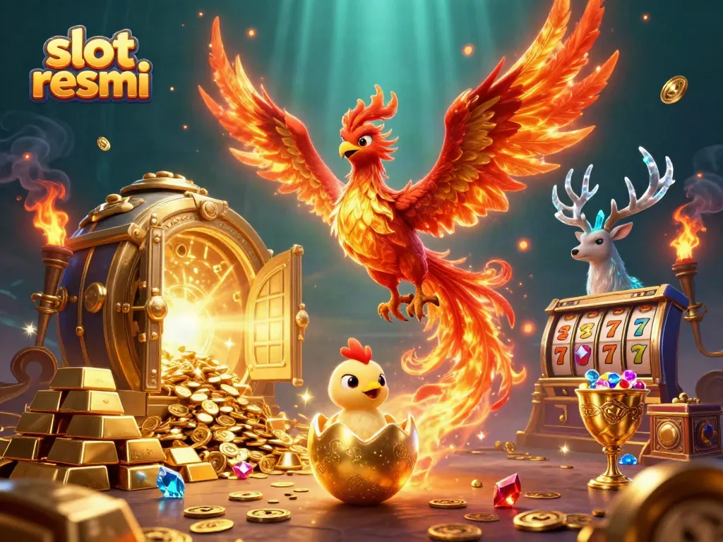 Experience thrilling jackpot excitement with slot resmi illustrated through phoenix and treasures.