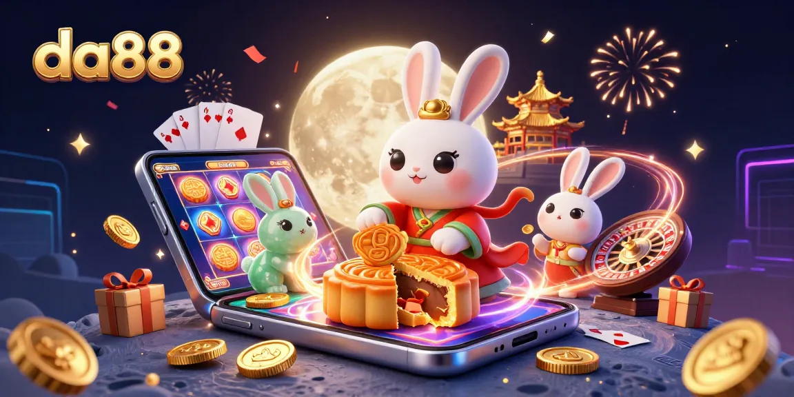 Experience thrilling gaming at da88 with a 3D rabbit cracking open mooncakes filled with poker chips.