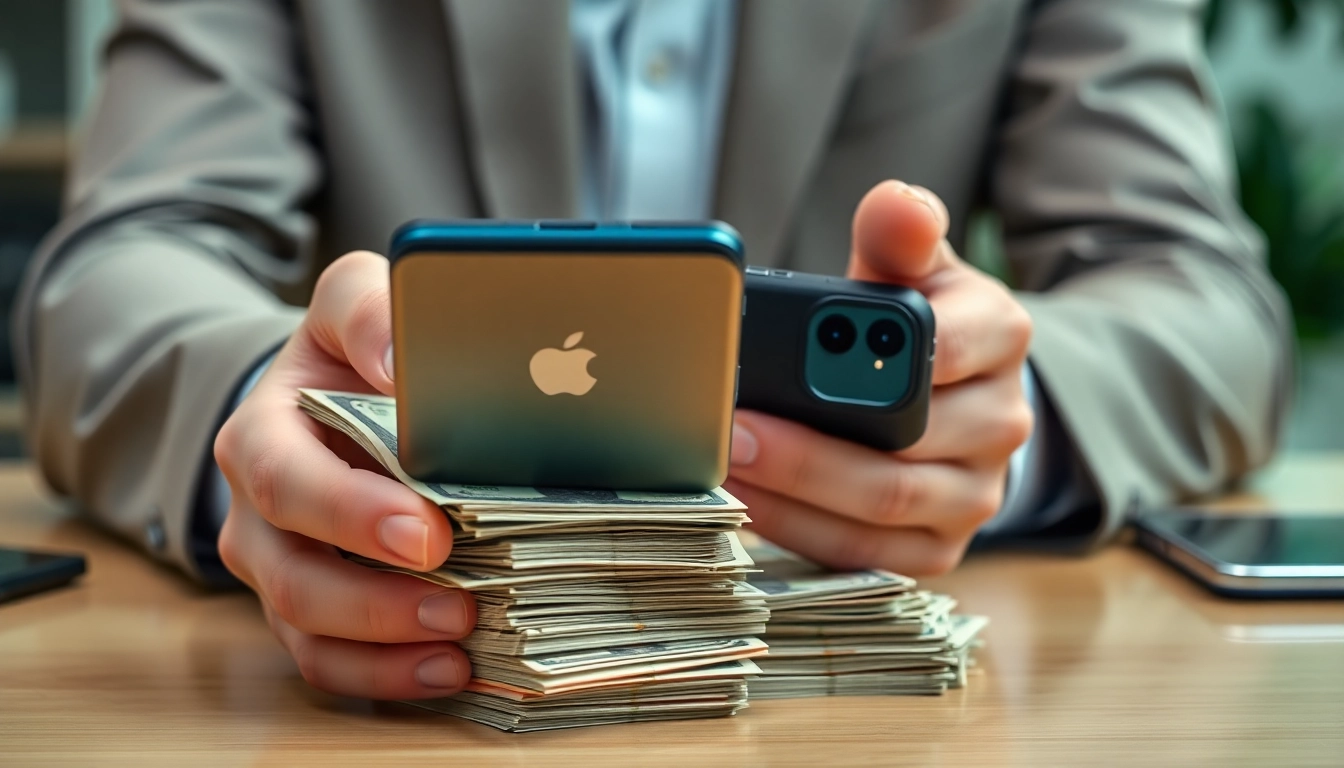Sell iPhone for cash with a professional setting focused on hands exchanging a device for money.