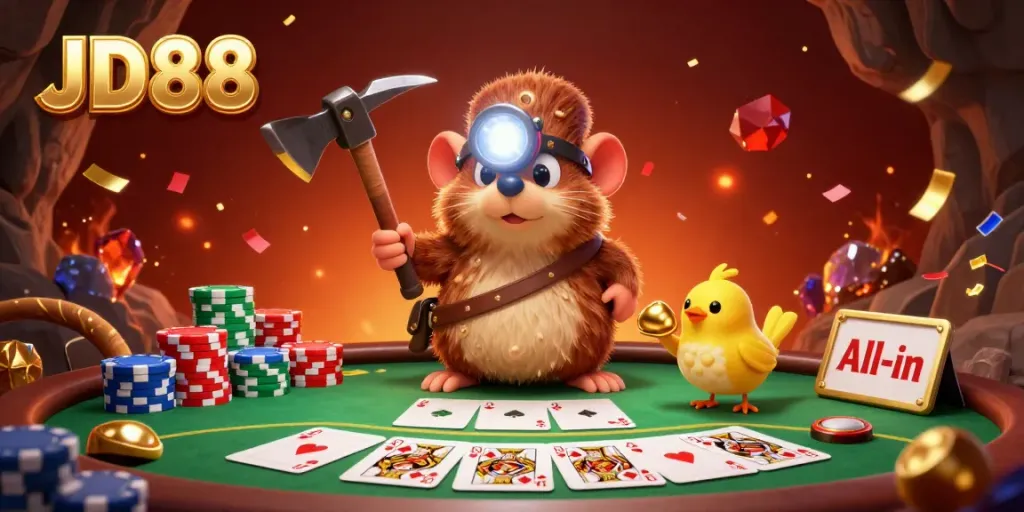 Engage with JD88 while the treasure hunter mole uncovers riches at the poker table in a dynamic casino scene.