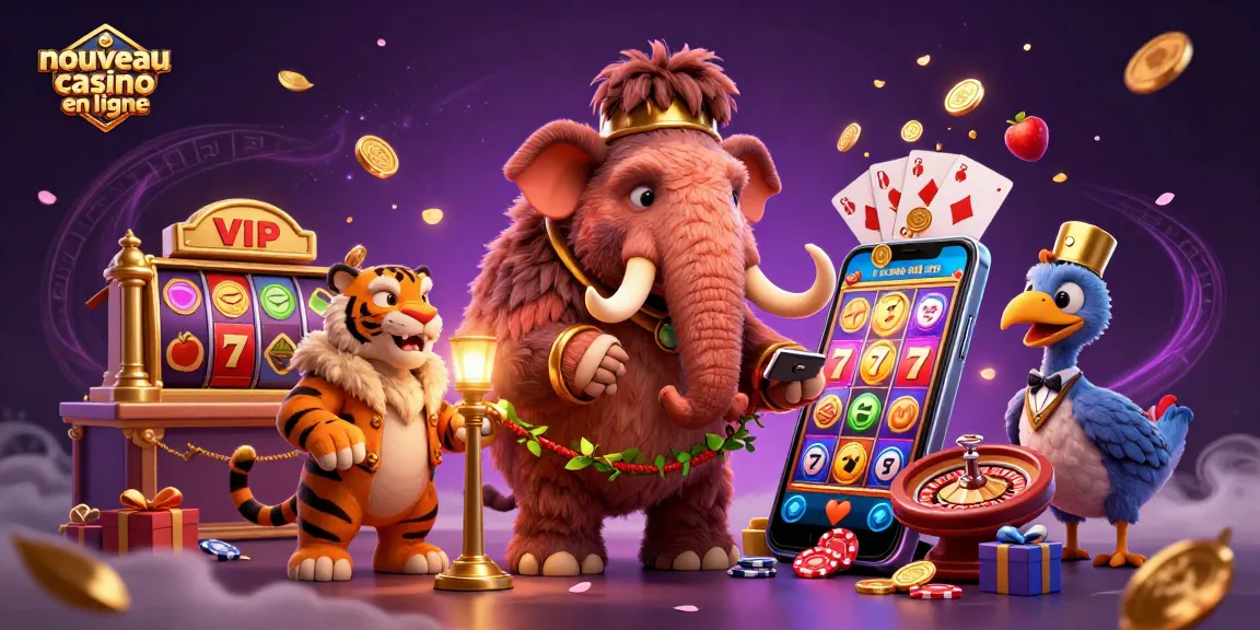 Découvrez le nouveau casino en ligne avec un mammouth bouncer et un VIP, entourés de jeux colorés.